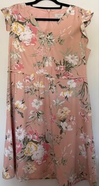 LOFT Outlet Blush Pink Floral Flutter Sleeve Fit & Flare Dress NWT L